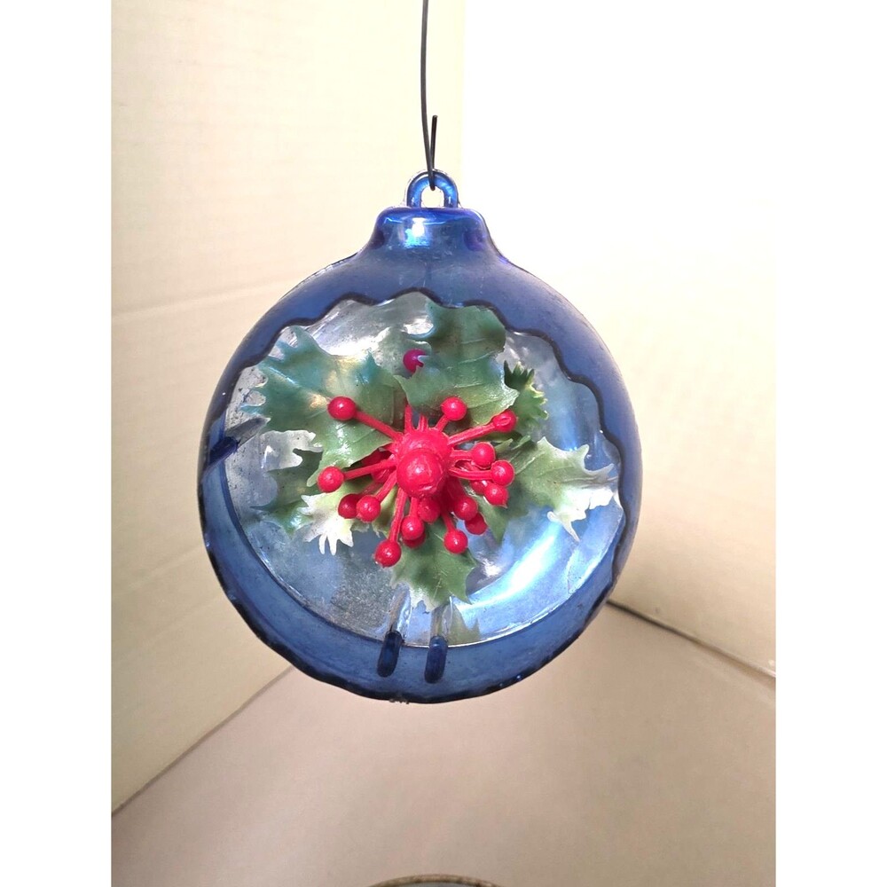 Vintage Jewel Brite Christmas Ornament Diorama Blue Mistletoe Reflector Plastic